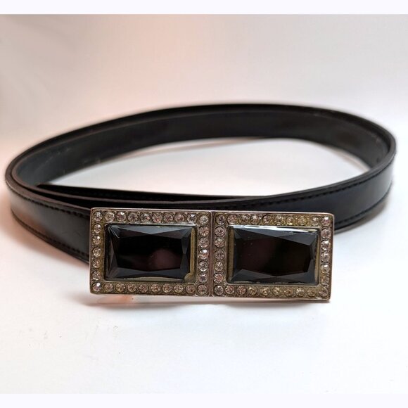 Vintage Y2K Pave Crystal Faux Patent Leather Black Belt 48" Elegant Art Deco - Picture 1 of 2